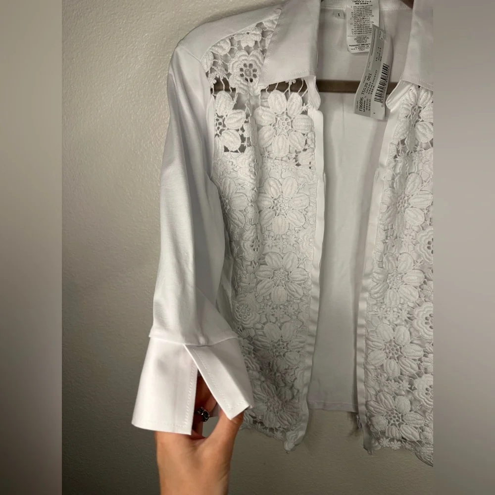 NaraCamicie | Italian Made White Zip Up 3/4 Sleeve Blouse - Picture 7 of 11